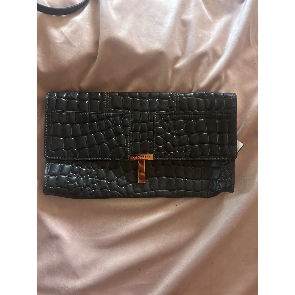 Ted Baker Black Croc Embossed Leather Clutch Rose Gold T-Bar Frenchie Lining